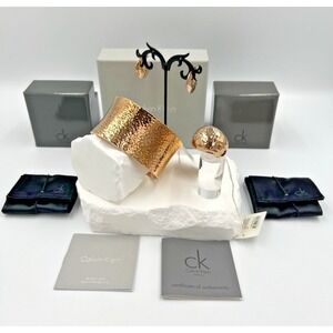Calvin Klein Dawn Rose Gold Tone SS  Hammered Cuff Bracelet, Ring & Earrings NWT